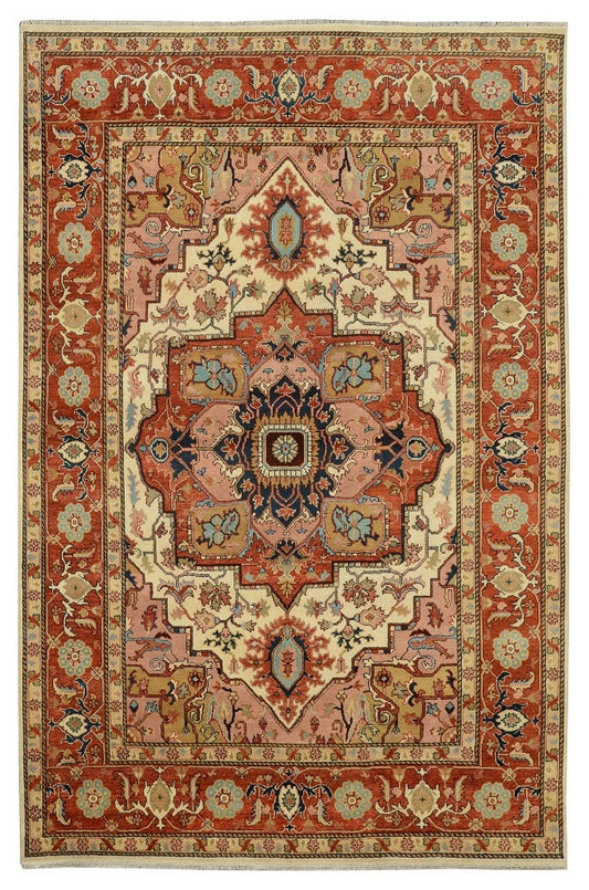 10 x 14 finer-wool Heriz-Serapi-style hand-knotted rug in burgundy and ivory, top view