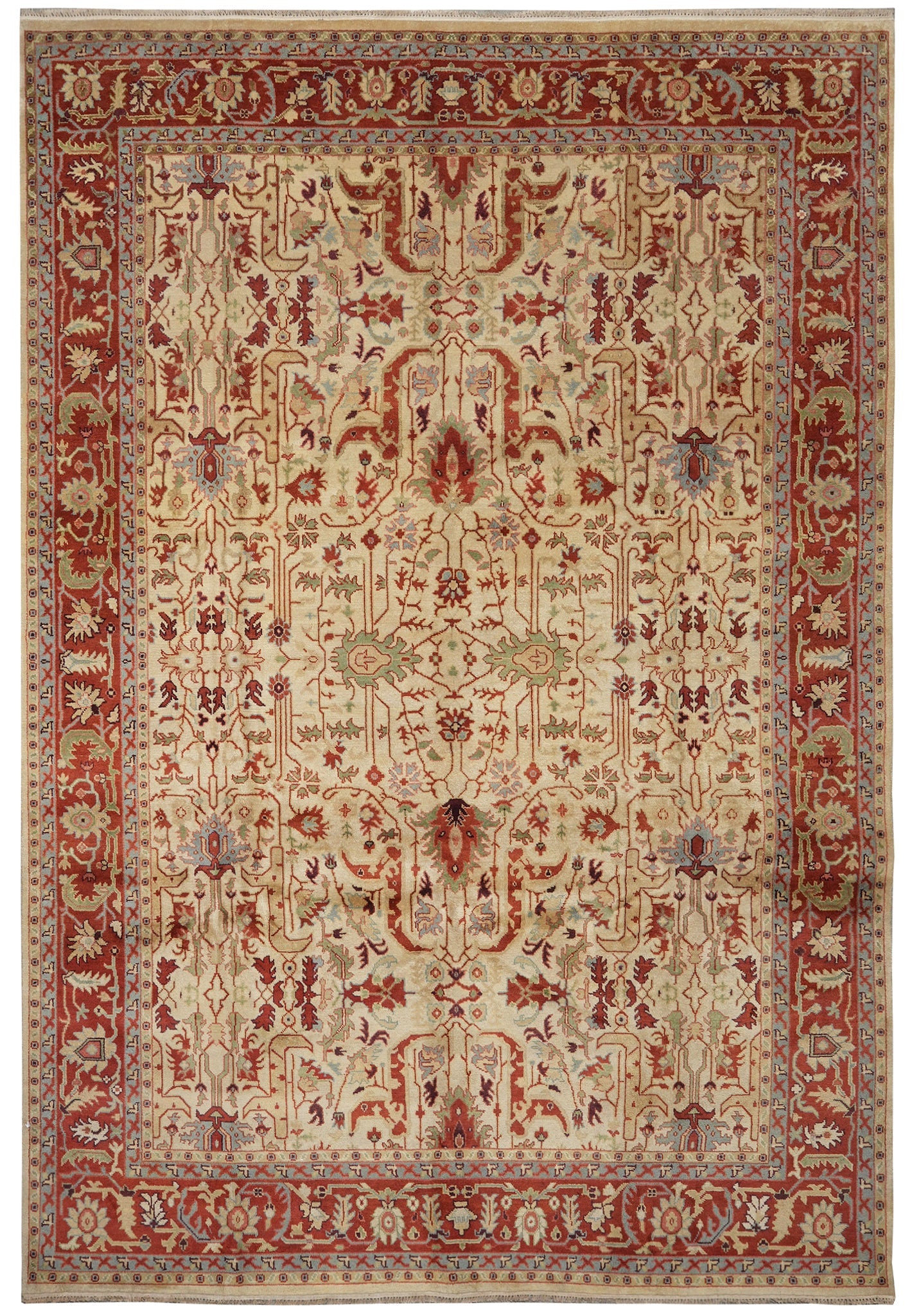 10 x 14 Ziegler hand-knotted wool rug in ivory with coral and sage, top view