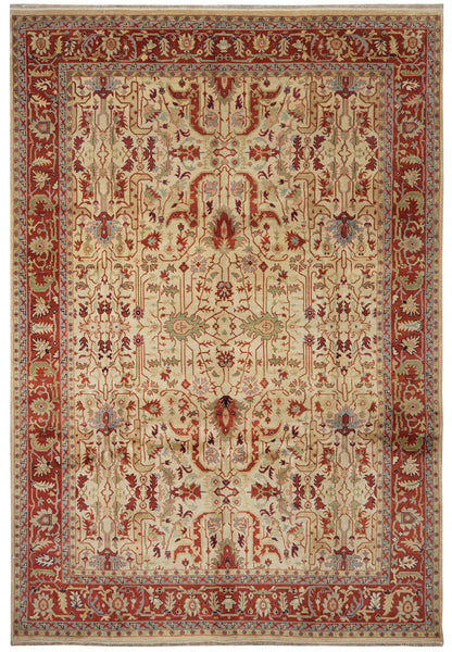 10 x 14 Ziegler hand-knotted wool rug in ivory with coral and sage, top view