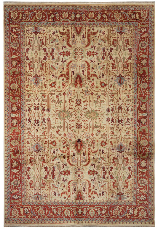 10 x 14 Ziegler hand-knotted wool rug in ivory with coral and sage, top view