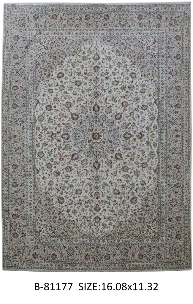 11.4 x 16 signed Kashan-style hand-knotted palace wool rug in ivory, top view