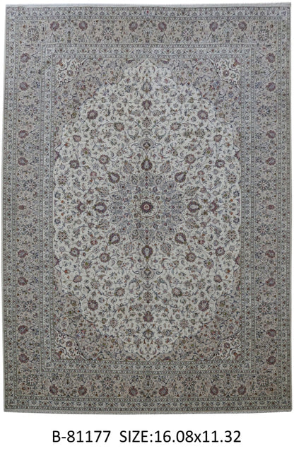 11.4 x 16 signed Kashan-style hand-knotted palace wool rug in ivory, top view