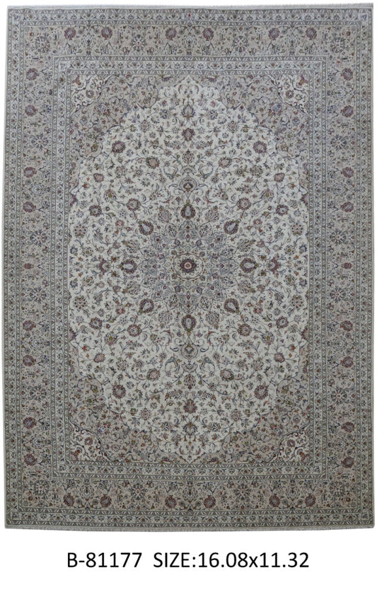 11.4 x 16 signed Kashan-style hand-knotted palace wool rug in ivory, top view
