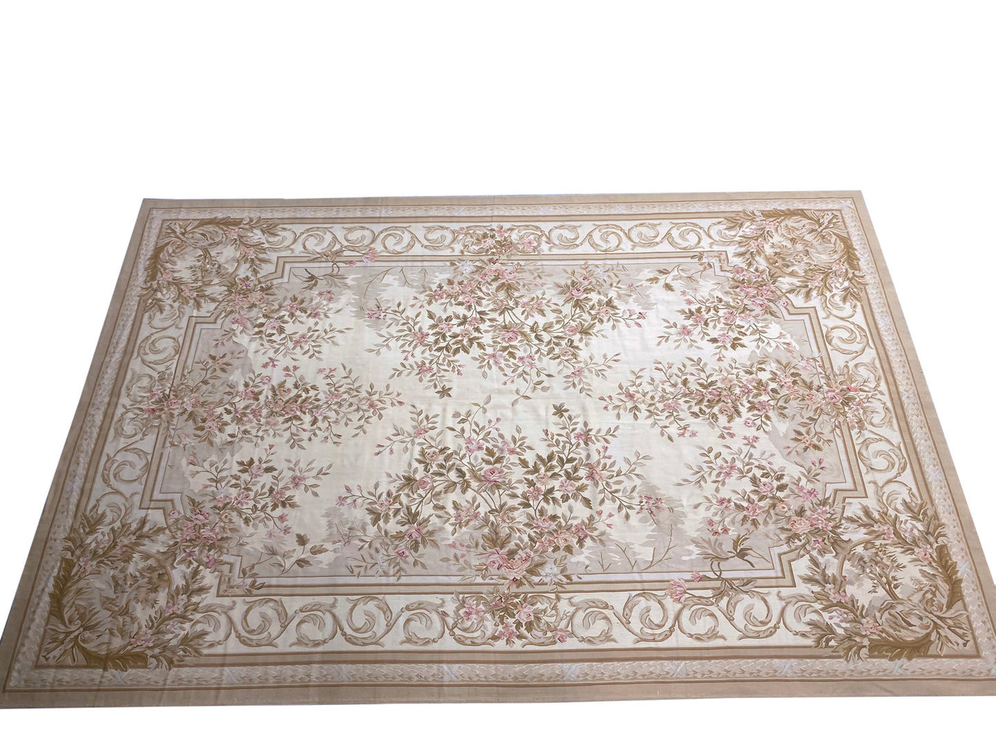 Aubusson floral rug, French floral border detail in sage and pink