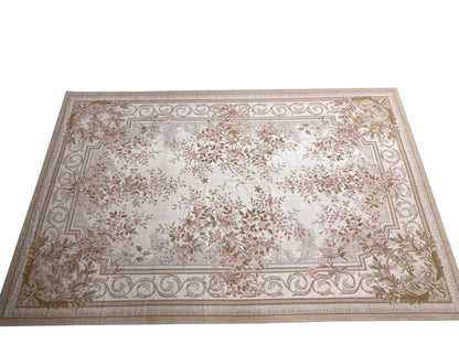 Aubusson floral rug, French floral border detail in sage and pink