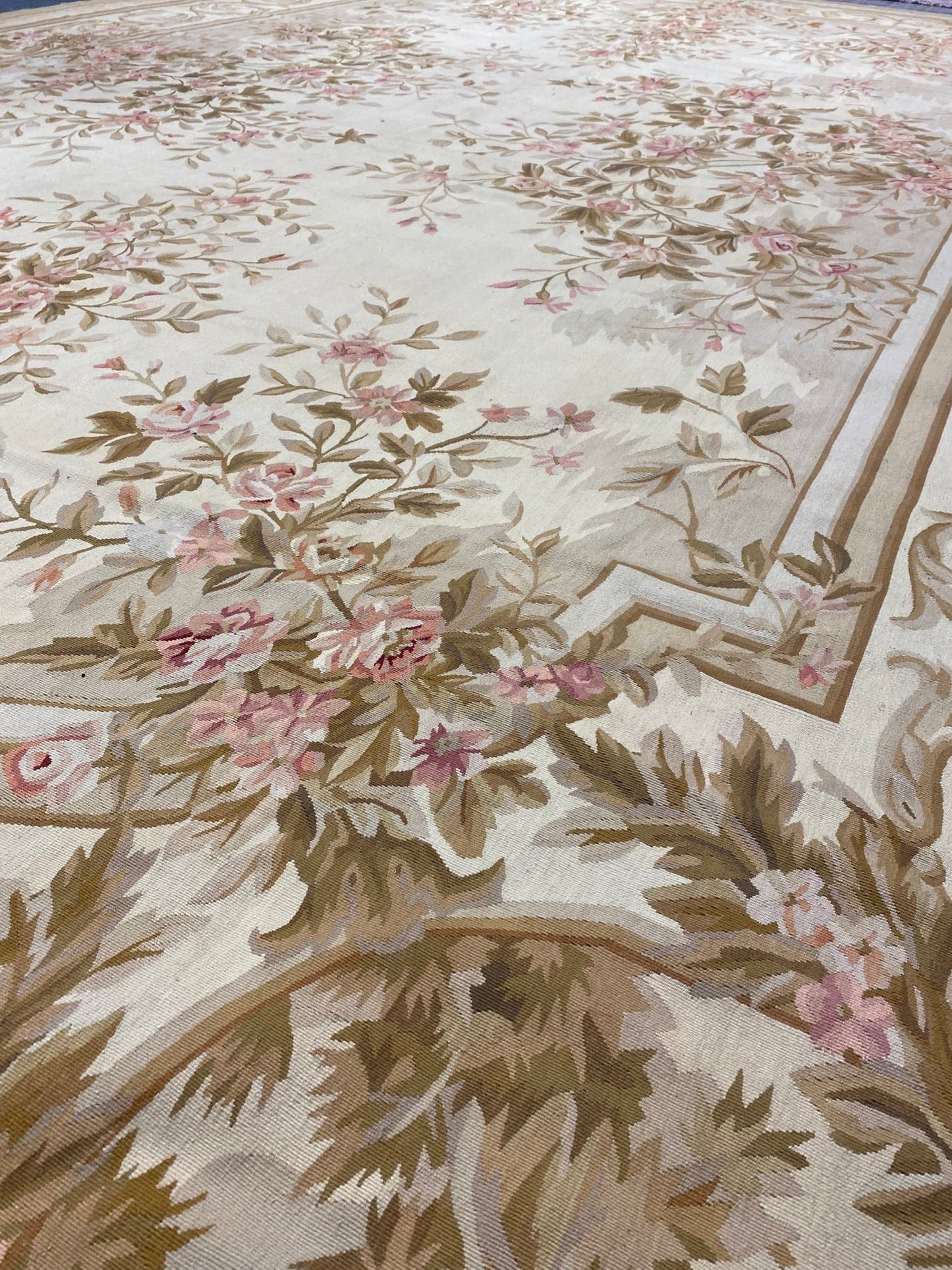 Aubusson floral rug, secondary border in muted sage and dusty pink