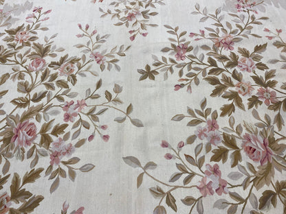 Aubusson floral rug, weave texture showing wool flat-weave construction