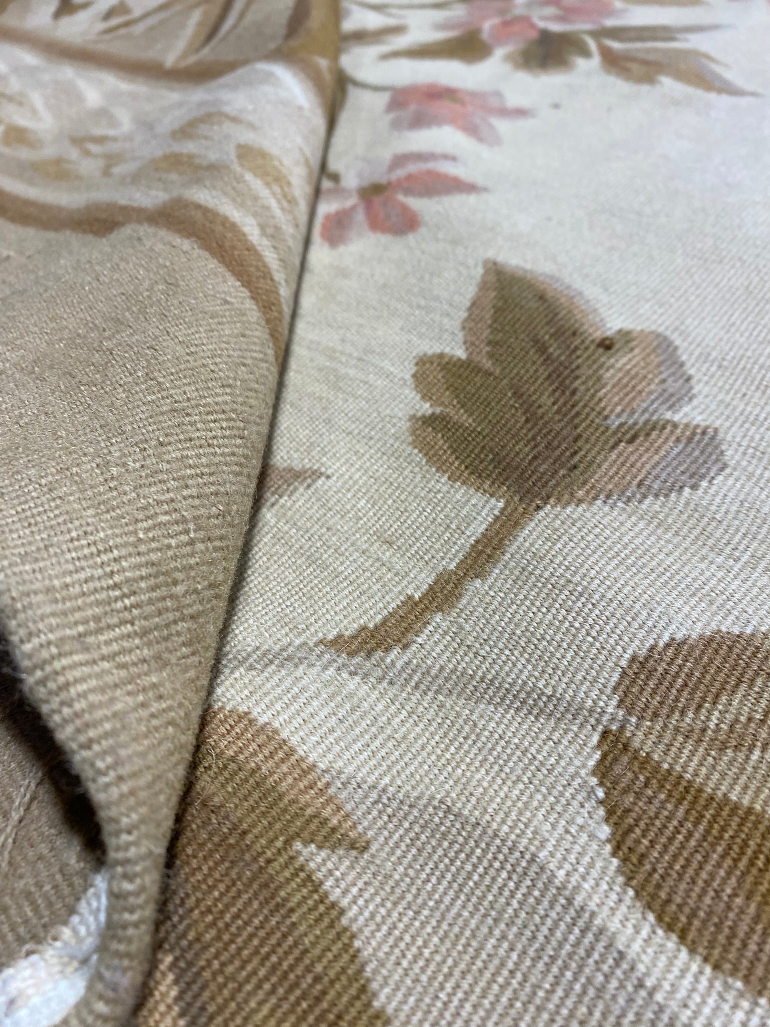 Aubusson floral rug, edge and selvedge close-up
