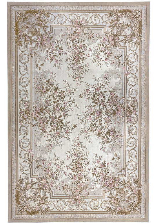 12 x 18 Aubusson French floral flat-weave wool rug in ivory, sage, and pink, top view