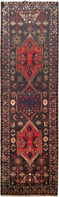 2.3 x 9.6 Hamadan-style hand-knotted wool runner in multi-color, full length top view
