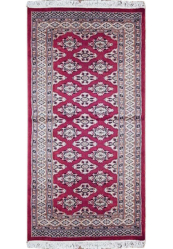 2.4 x 4.6 Jaldar Bokhara hand-knotted wool rug in red, top view
