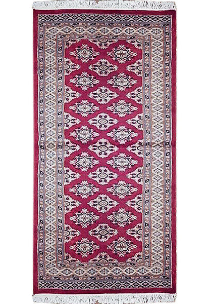2.4 x 4.6 Jaldar Bokhara hand-knotted wool rug in red, top view
