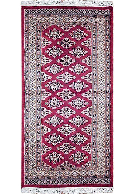 2.4 x 4.6 Jaldar Bokhara hand-knotted wool rug in red, top view