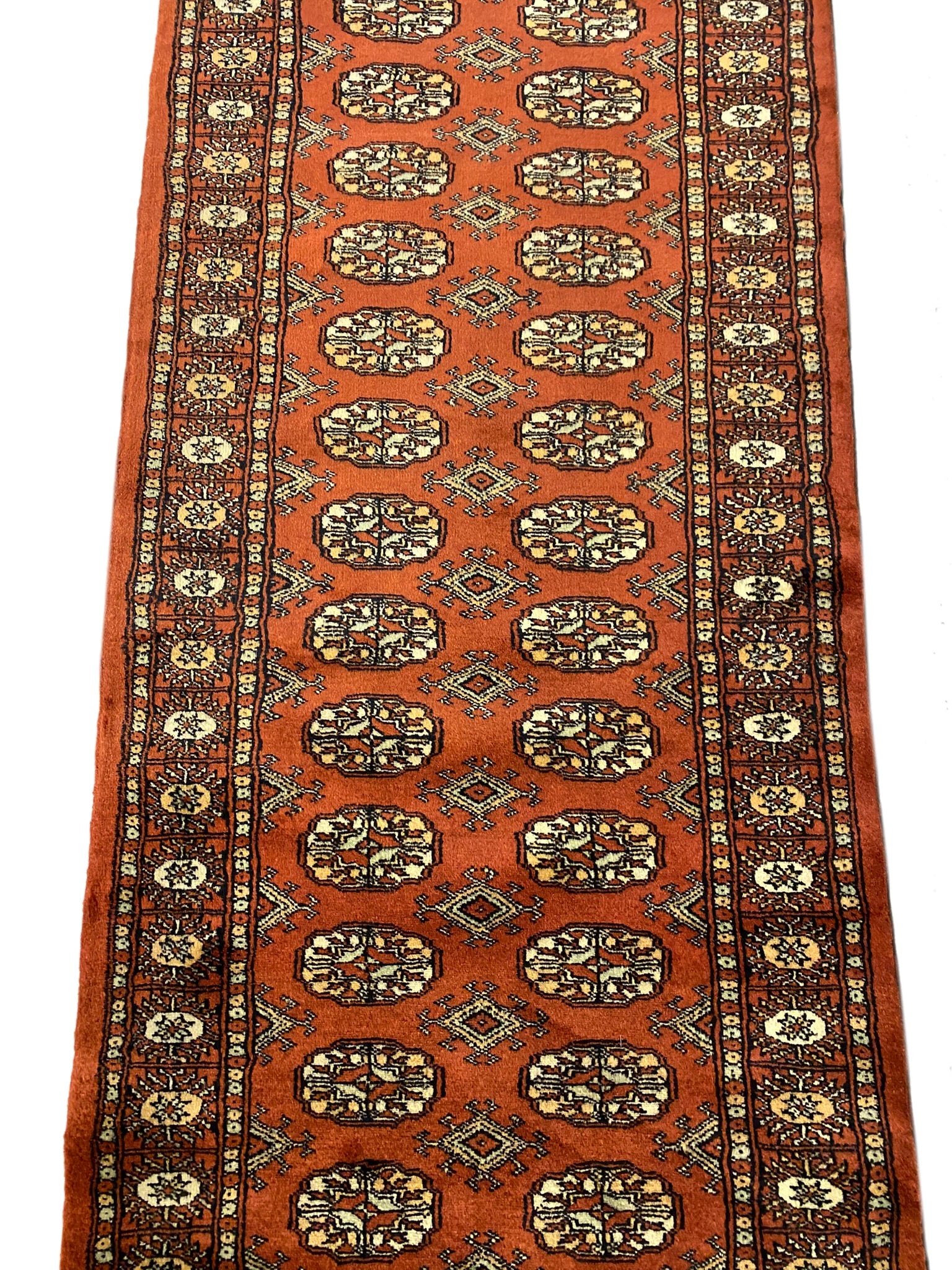Bokhara long runner, pile texture showing dense Turkmen knots