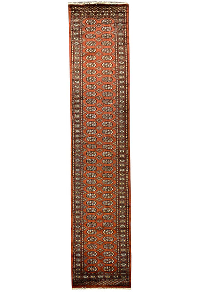 2.6 x 14 Bokhara hand-knotted wool long runner in red, full length top view