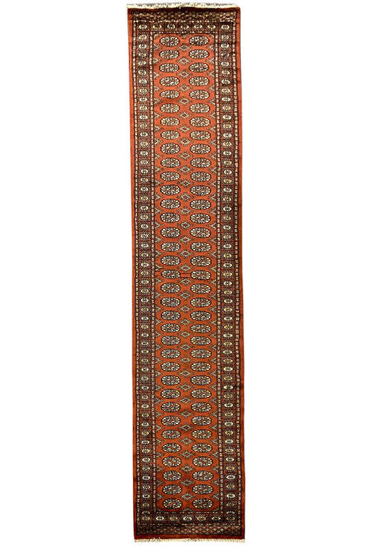 2.6 x 14 Bokhara hand-knotted wool long runner in red, full length top view