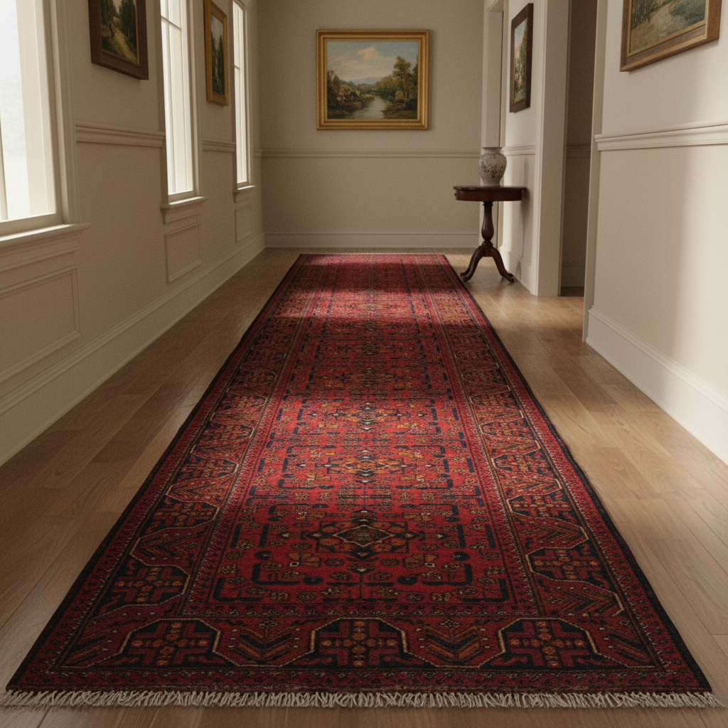 Afghan tribal runner visualized in a styled hallway with hardwood floor