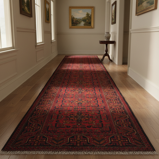 Afghan tribal runner visualized in a styled hallway with hardwood floor