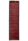 2.7 x 9 Afghan hand-knotted tribal wool runner in red and black, top view