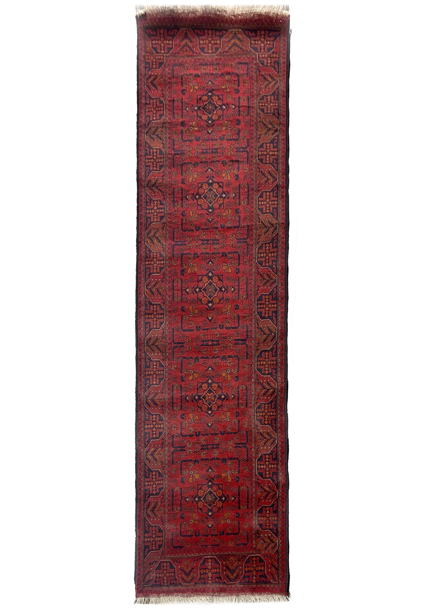 2.7 x 9 Afghan hand-knotted tribal wool runner in red and black, top view