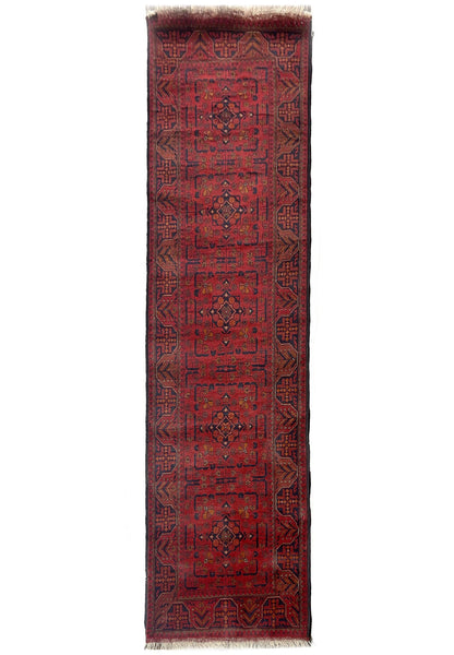 2.7 x 9 Afghan hand-knotted tribal wool runner in red and black, top view