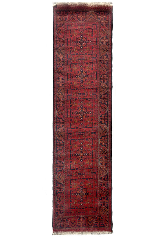 2.7 x 9 Afghan hand-knotted tribal wool runner in red and black, top view