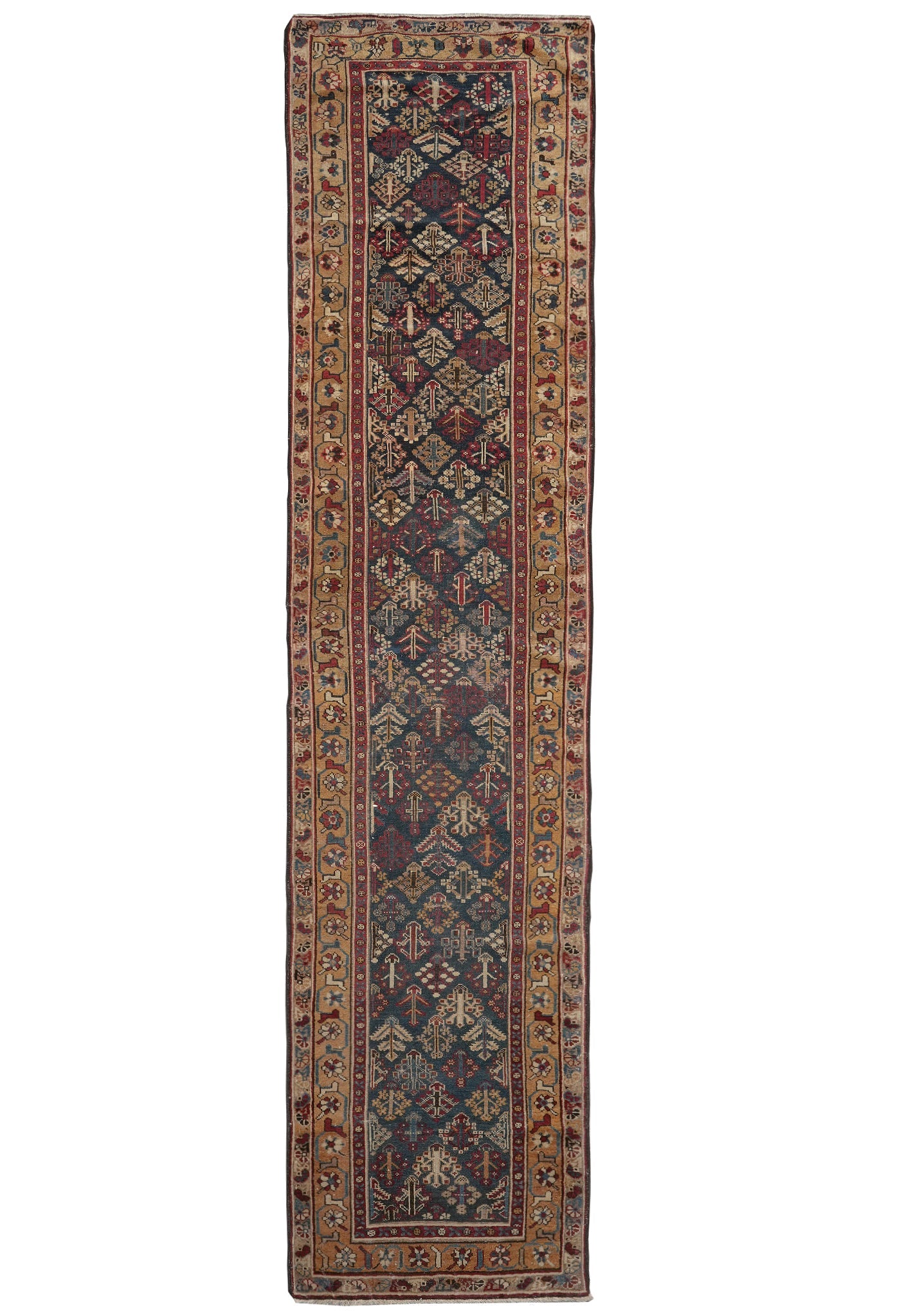 2.9 x 12.6 antique 1940s Mahal-style Joshagan-pattern hand-knotted wool runner, full length top view