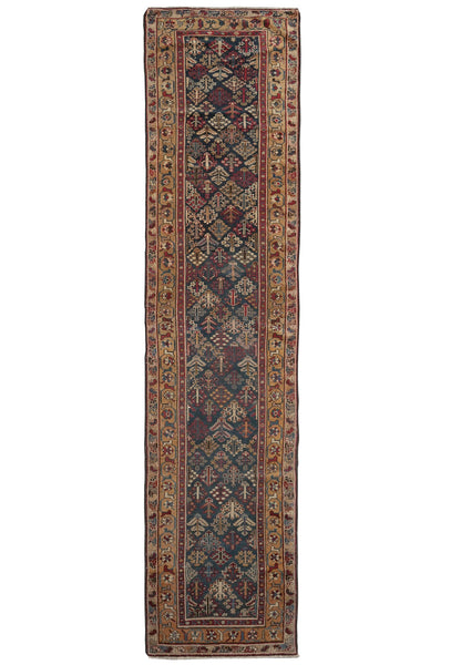 2.9 x 12.6 antique 1940s Mahal-style Joshagan-pattern hand-knotted wool runner, full length top view