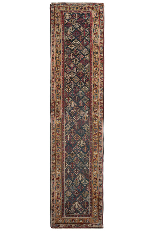 2.9 x 12.6 antique 1940s Mahal-style Joshagan-pattern hand-knotted wool runner, full length top view
