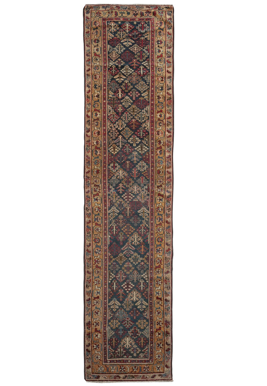 2.9 x 12.6 antique 1940s Mahal-style Joshagan-pattern hand-knotted wool runner, full length top view