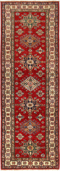 2.9 x 8 Super Kazak hand-knotted wool runner in red, ivory, blue, and green, top view