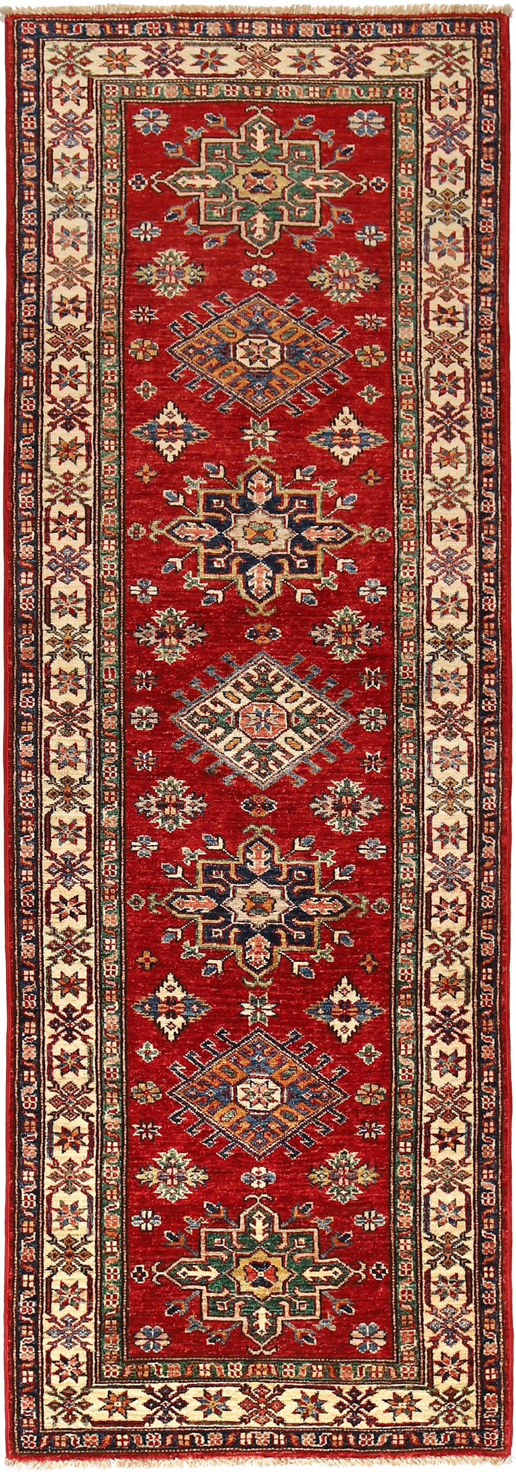 2.9 x 8 Super Kazak hand-knotted wool runner in red, ivory, blue, and green, top view