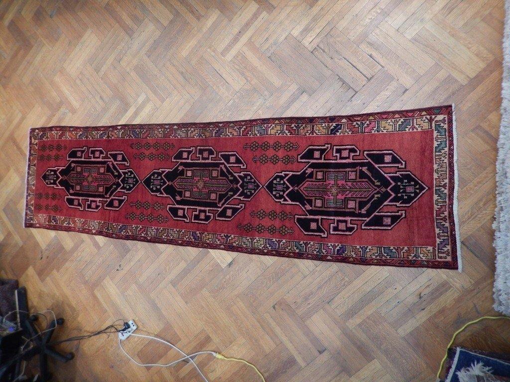 Semi-antique navy Hamadan-style runner, central medallion detail in ivory and red