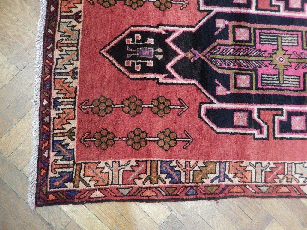 Semi-antique navy Hamadan-style runner, end-finish and fringe close-up