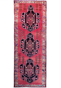 3.3 x 12.5 semi-antique Hamadan-style hand-knotted wool runner in navy blue, full length top view