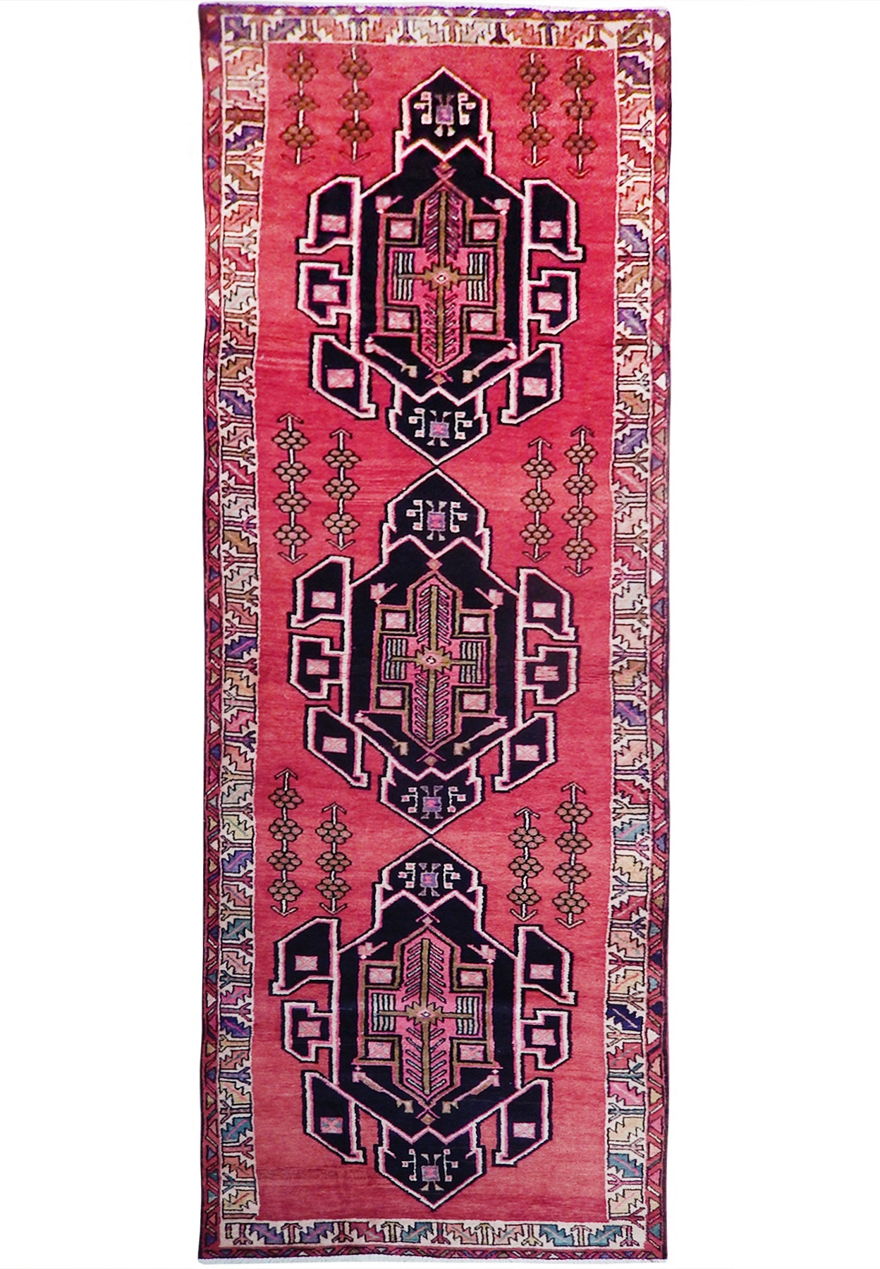 3.3 x 12.5 semi-antique Hamadan-style hand-knotted wool runner in navy blue, full length top view