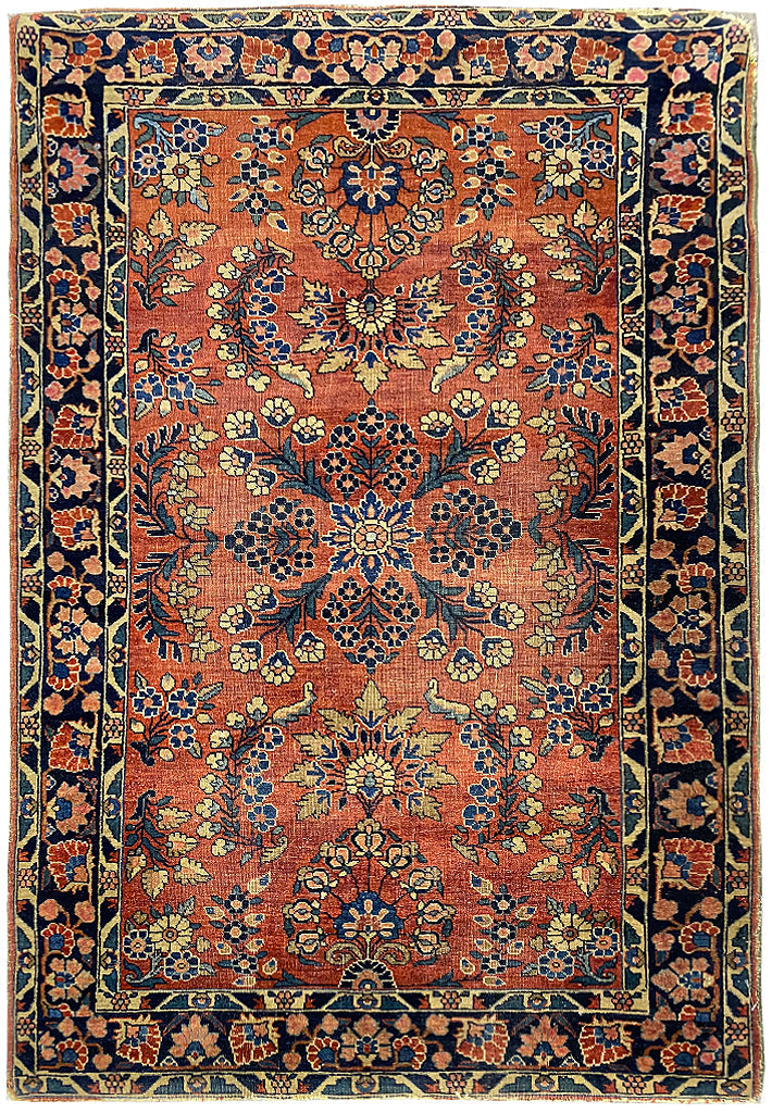 3.4 x 5 hand-knotted sarouk-pattern wool rug, top view