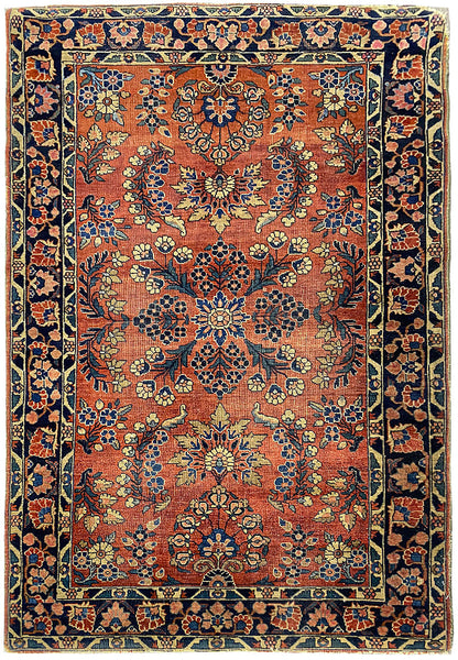 3.4 x 5 hand-knotted sarouk-pattern wool rug, top view