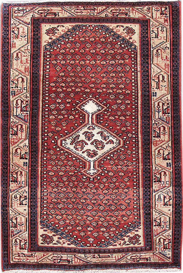 3.4 x 5 tribal Mahal-style hand-knotted wool rug in multi-color, top view