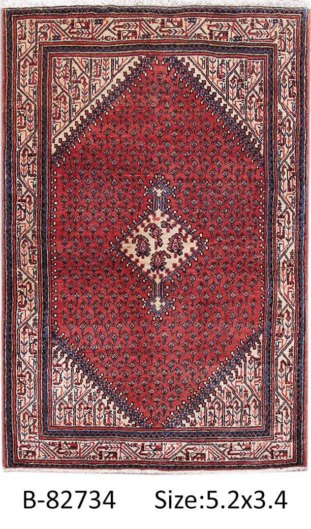 Colorful Mahal-style small rug, multi-color geometric motif detail