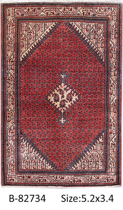 Colorful Mahal-style small rug, multi-color geometric motif detail