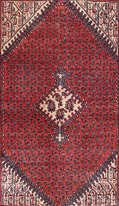 Colorful Mahal-style small rug, border pattern in gold and ivory