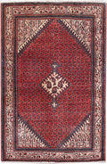 3.5 x 5 Mahal-style colorful tribal hand-knotted wool rug in red, gold, and ivory, top view
