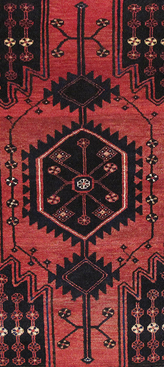 Tribal Hamadan-style small rug, border pattern close-up