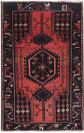 3.5 x 5 tribal Hamadan-style hand-knotted wool rug in dark pink red, top view