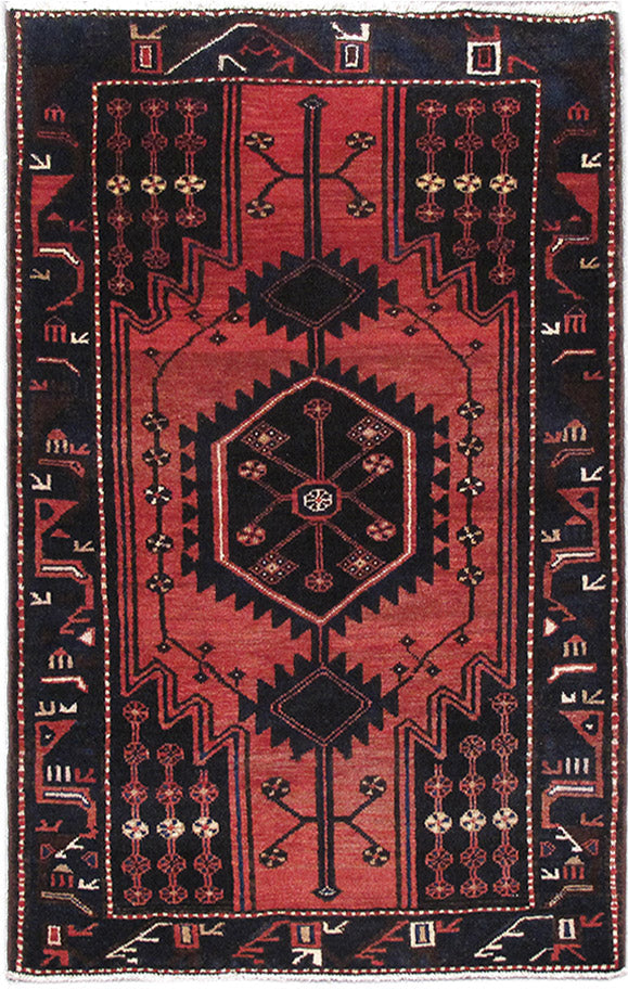 3.5 x 5 tribal Hamadan-style hand-knotted wool rug in dark pink red, top view