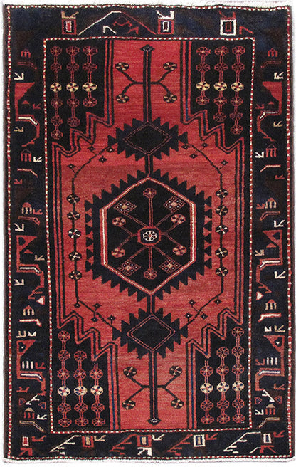 3.5 x 5 tribal Hamadan-style hand-knotted wool rug in dark pink red, top view