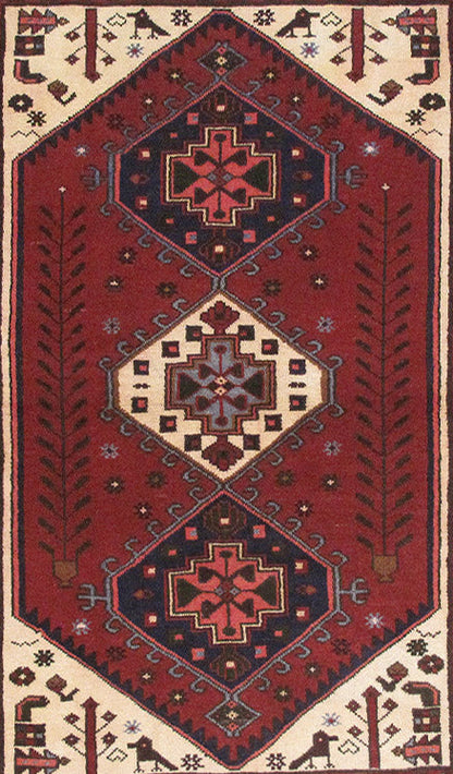 Multi-color Hamadan-style small rug, border pattern close-up