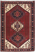 3.5 x 5 tribal Hamadan-style hand-knotted wool rug in multi-color, top view