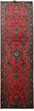3.7 x 14.5 Hamadan-style hand-knotted wool runner in red, full length top view